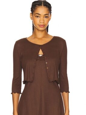 For Love and Lemons Brown Pointelle Knit Cropped Elliana Cardigan - Small